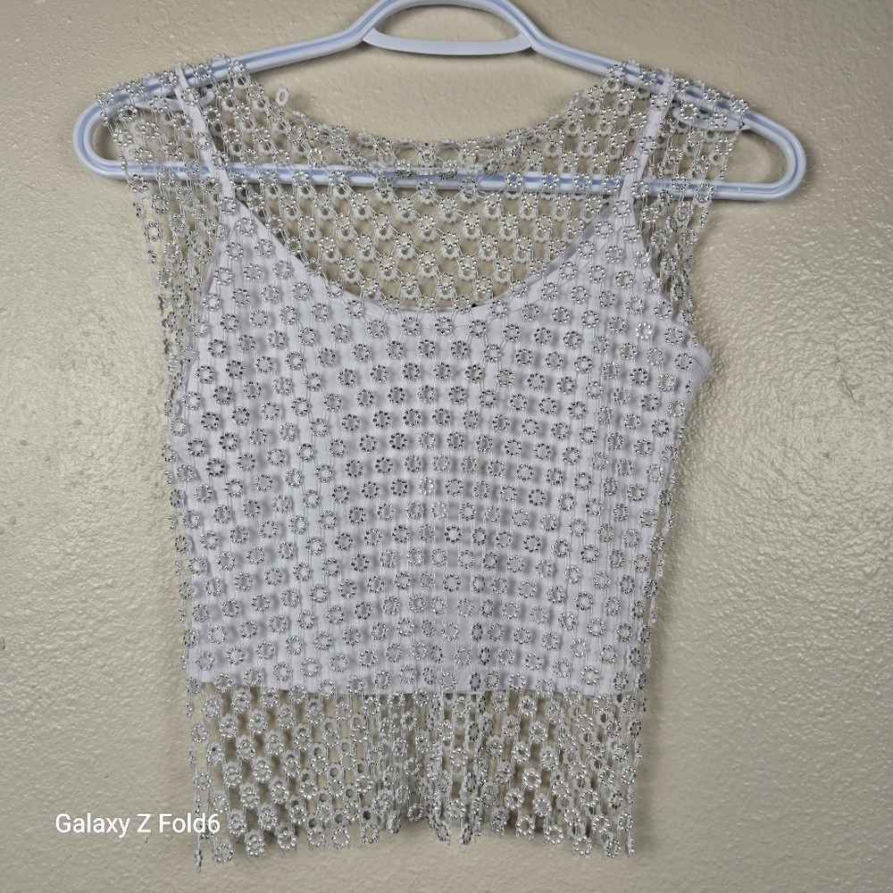House of Harlow 1960 White Rhinestone Mesh Tank Small — Nicole Richie Wears This